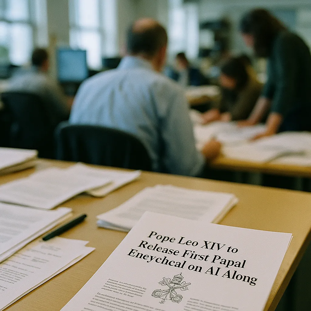 A newsroom featuring document, field, related to Pope Leo XIV to Release First Papal Encyclical on AI Alongsi from an unusual angle or perspective