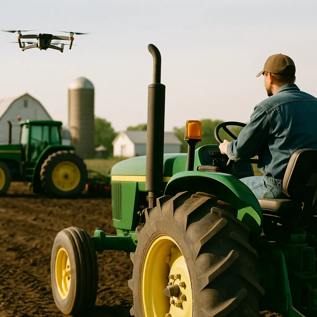 A farm featuring tractors, Drone, related to Precision Farming Tools Are Outrunning Rural Broadband — And