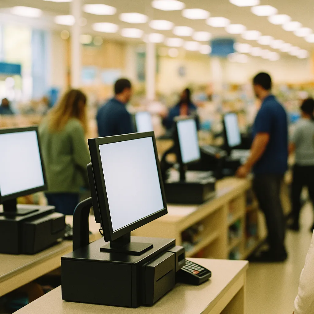 A retail store featuring monitors, checkout, related to 97% of Retailers Have AI Plans. Only Half of Consumers Trust