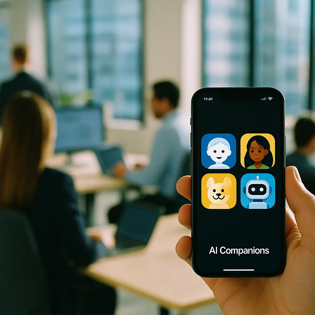 A modern corporate office featuring phone, related to iOS App With Four Distinct AI Companions in 39 Countries from an unusual angle or perspective