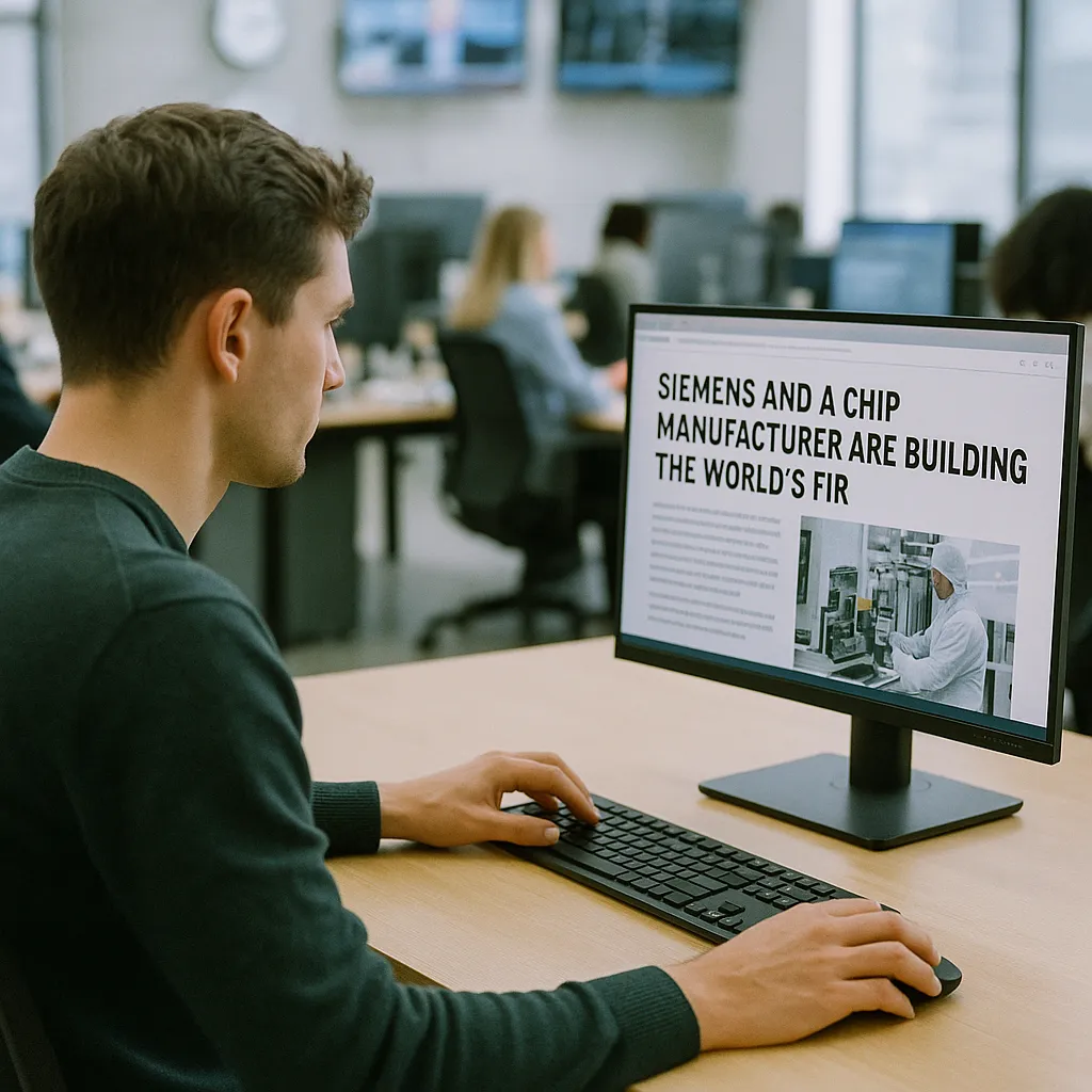 A Newsroom where a person is operating related to Siemens and a chip manufacturer Are Building the World's Fir