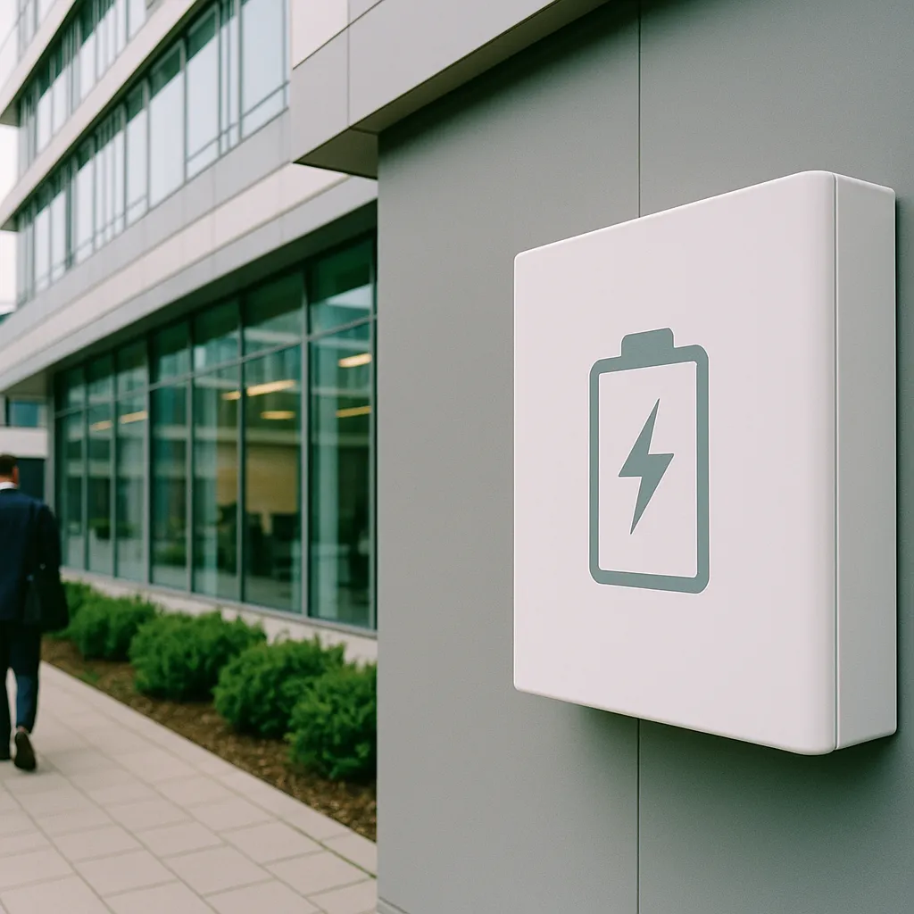 A modern building exterior featuring battery, related to Smart Buildings Are Delivering 20–30% Energy Savings as AI D