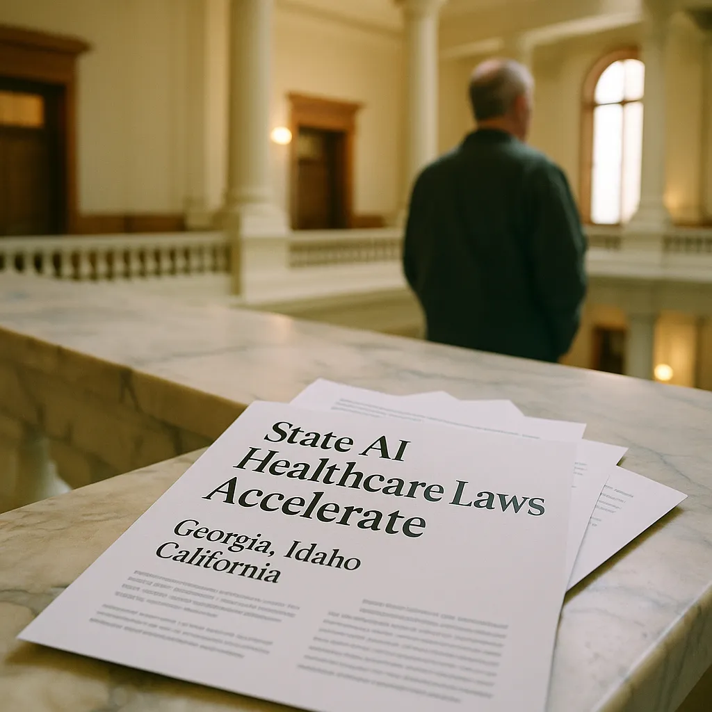 A government building interior featuring documents, patient, related to State AI Healthcare Laws Accelerate: Georgia, Idaho, Califor from an unusual angle or perspective