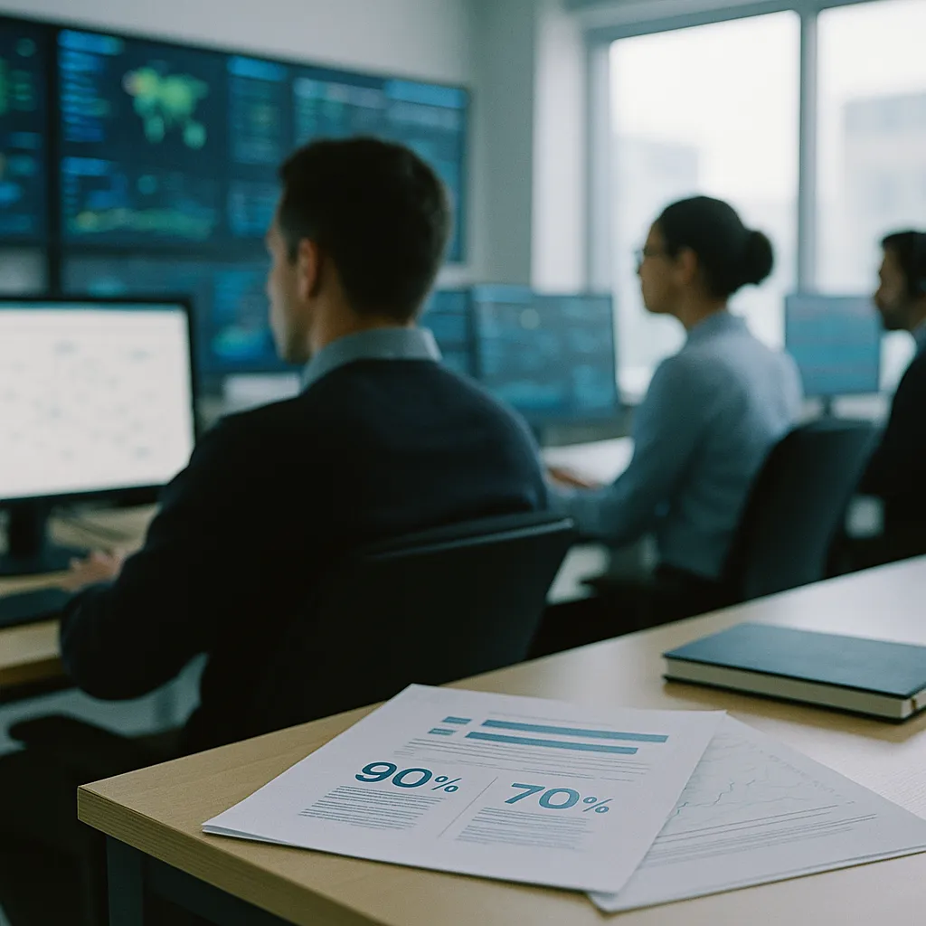 A network operations center featuring documents, related to 90% of Telecom Executives Are Confident AI Will Deliver. 70%