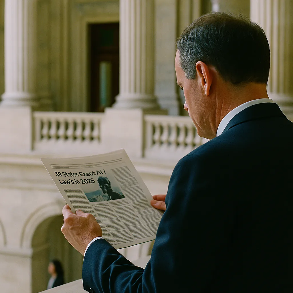 A government building interior where a person is building related to 38 States Enact AI Laws in 2026 as Congress Remains Deadlock from an unusual angle or perspective