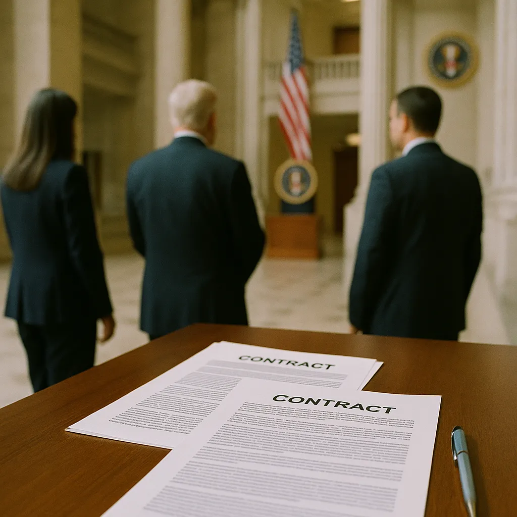A government building interior featuring contracts, related to Trump Signs AI Cybersecurity Order Requiring 90-Day Pre-Rele from an unusual angle or perspective
