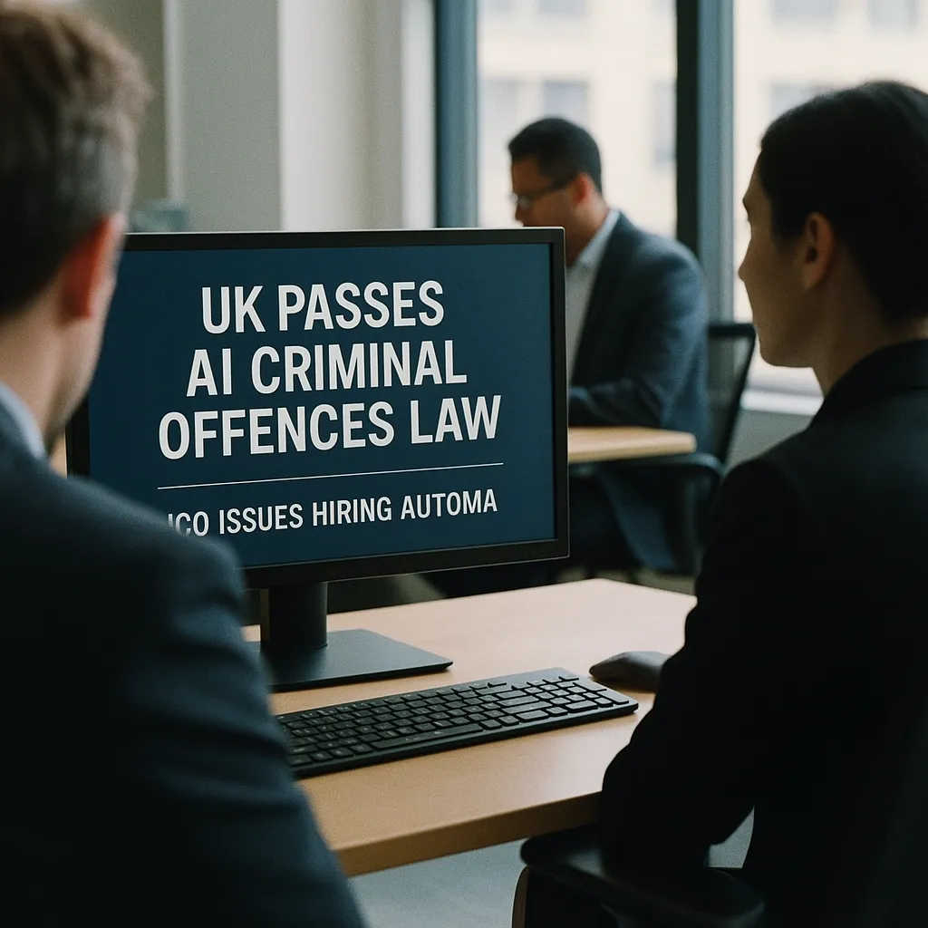 A Office featuring screen, related to UK Passes AI Criminal Offences Law, ICO Issues Hiring Automa