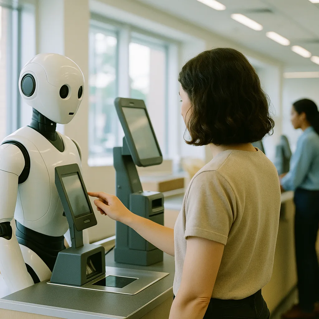 A modern workplace featuring robots, checkout, related to Women Represent 86% of Workers Most Vulnerable to AI Automat