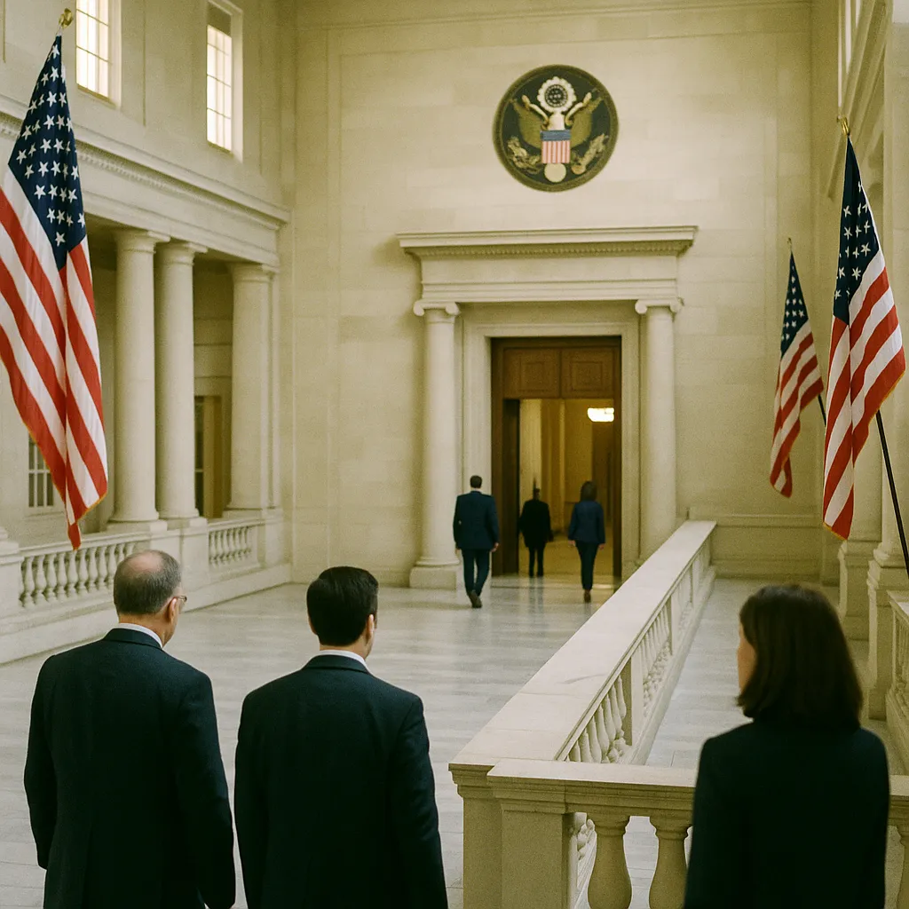 A government building interior related to White House Move to Centralize AI Regulation Meets Bipartisa from an unusual angle or perspective
