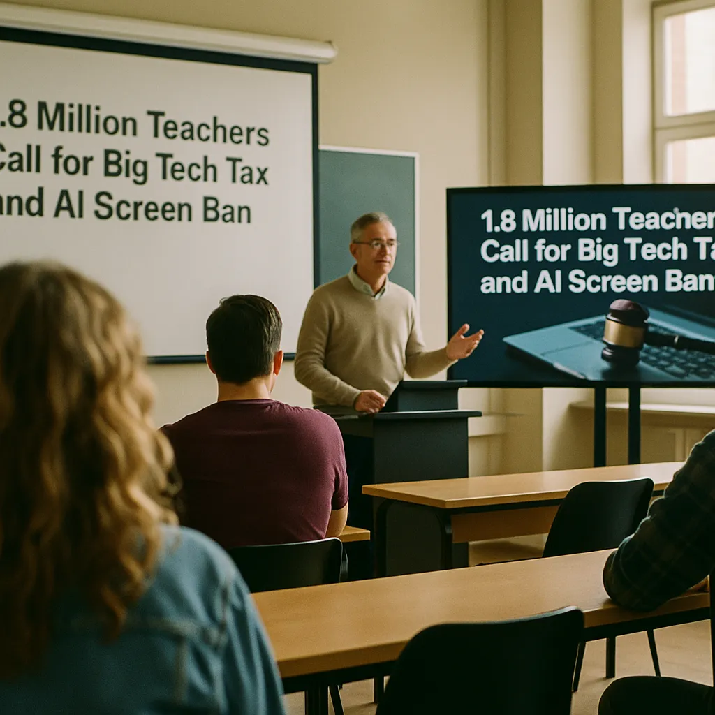 A university classroom featuring screens, screen, related to 1.8 Million Teachers Call for Big Tech Tax and AI Screen Ban from an unusual angle or perspective