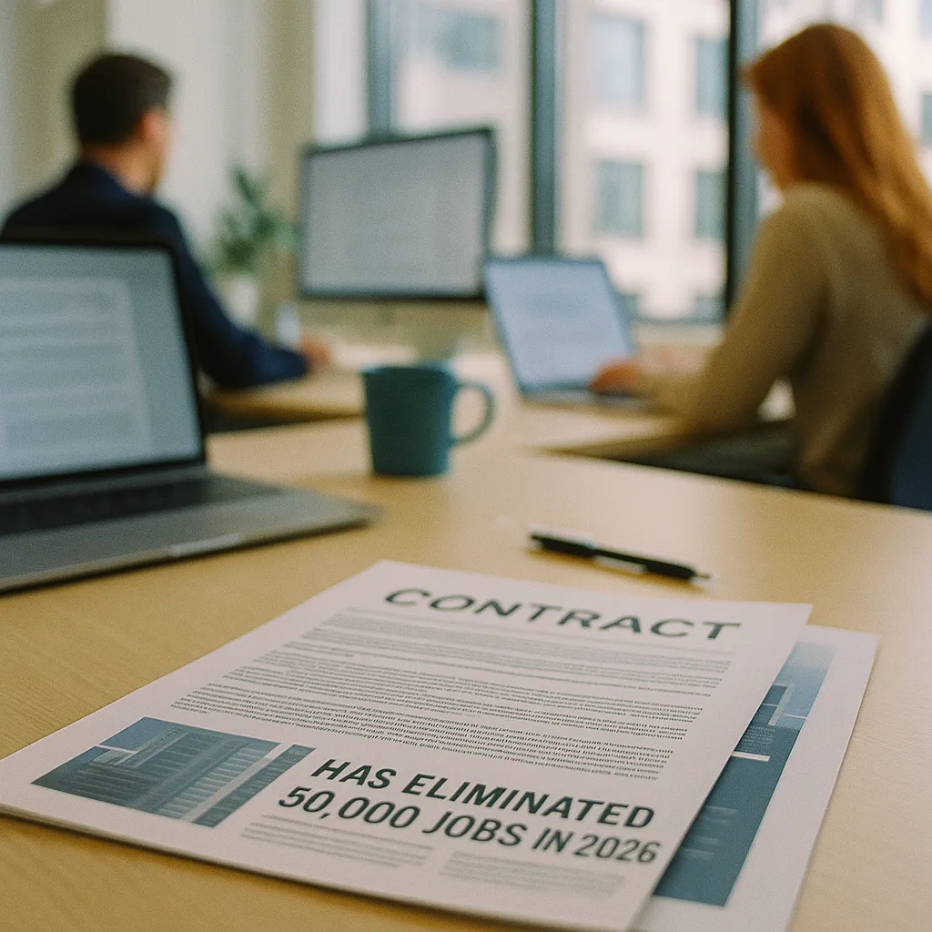 A modern workplace featuring contracts, related to Challenger Report: AI Has Eliminated 50,000 Jobs in 2026, Wi from an unusual angle or perspective