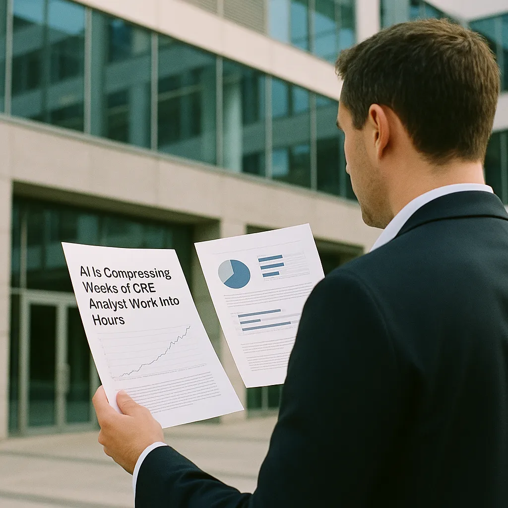 A modern building exterior featuring documents, related to AI Is Compressing Weeks of CRE Analyst Work Into Hours — and