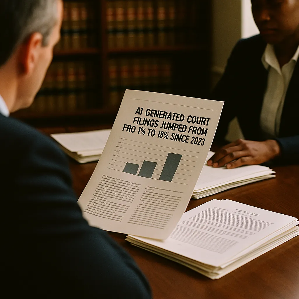 A law office featuring documents, related to AI-Generated Court Filings Jumped from 1% to 18% Since 2023 