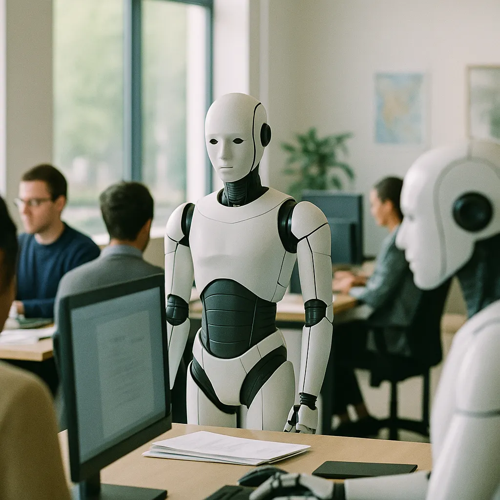 A modern workplace featuring robots, Document, related to AI Is Killing the Entry-Level Job Pipeline, Not Replacing In