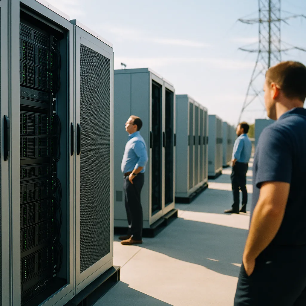 A data center featuring data center, data centers, related to AI-Powered Grid Management Cuts Reserve Costs 15%, Attacks R from an unusual angle or perspective