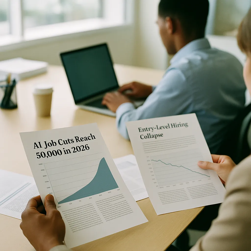 A modern workplace featuring documents, related to AI Job Cuts Reach 50,000 in 2026 as Entry-Level Hiring Colla from an unusual angle or perspective
