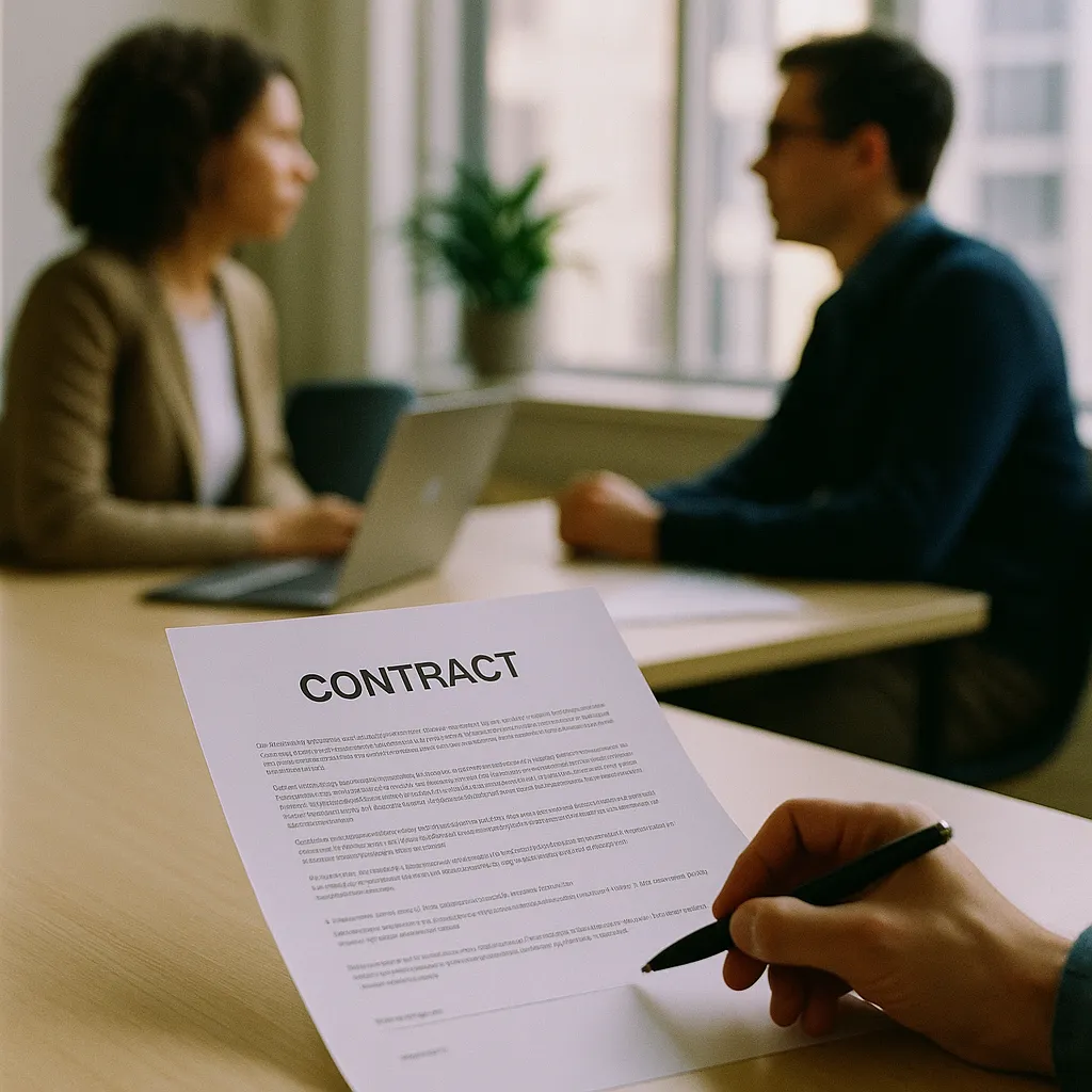 A office featuring contract, related to The AI Jobs Reality: Displacement Is Real, Uneven, and Under