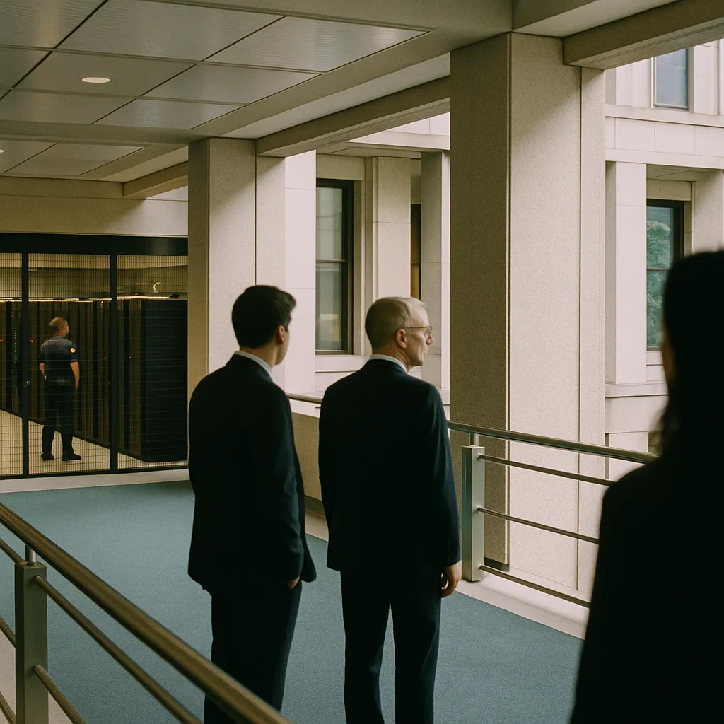 A government building interior featuring data centers, related to Altman, Amodei, and Hassabis to Appear Together at G7 Summit from an unusual angle or perspective