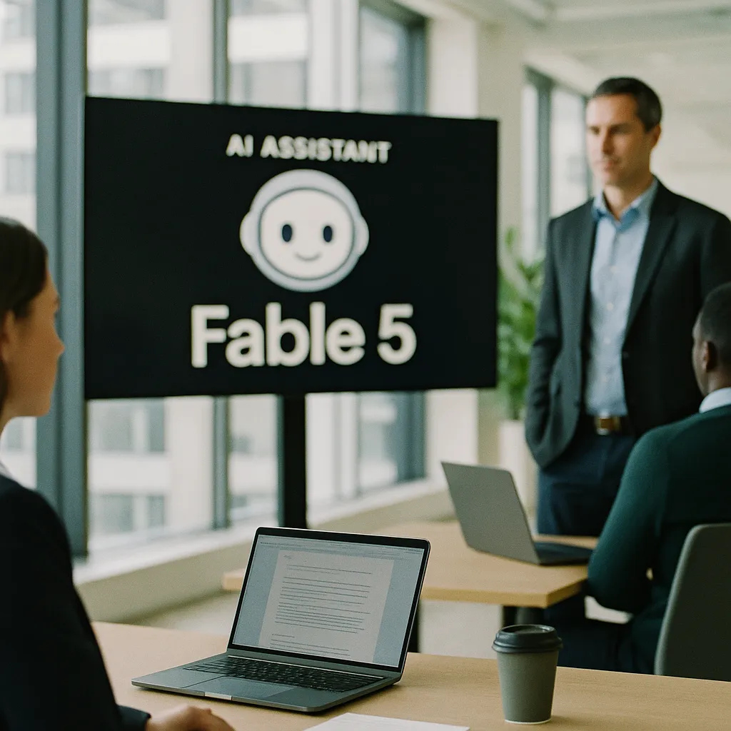 A modern corporate office related to an AI safety company Releases an AI assistant Fable 5 — Its 