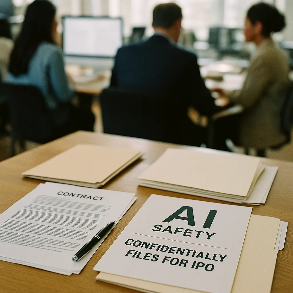 A newsroom featuring contracts, document, related to an AI safety company Confidentially Files for IPO as Valuati