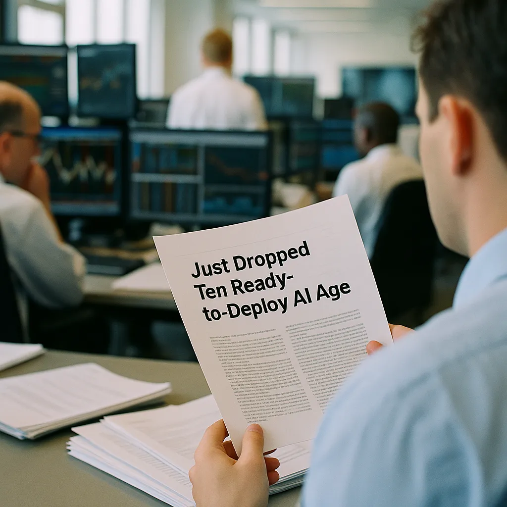 A financial trading floor featuring document, related to an AI safety company Just Dropped Ten Ready-to-Deploy AI Age