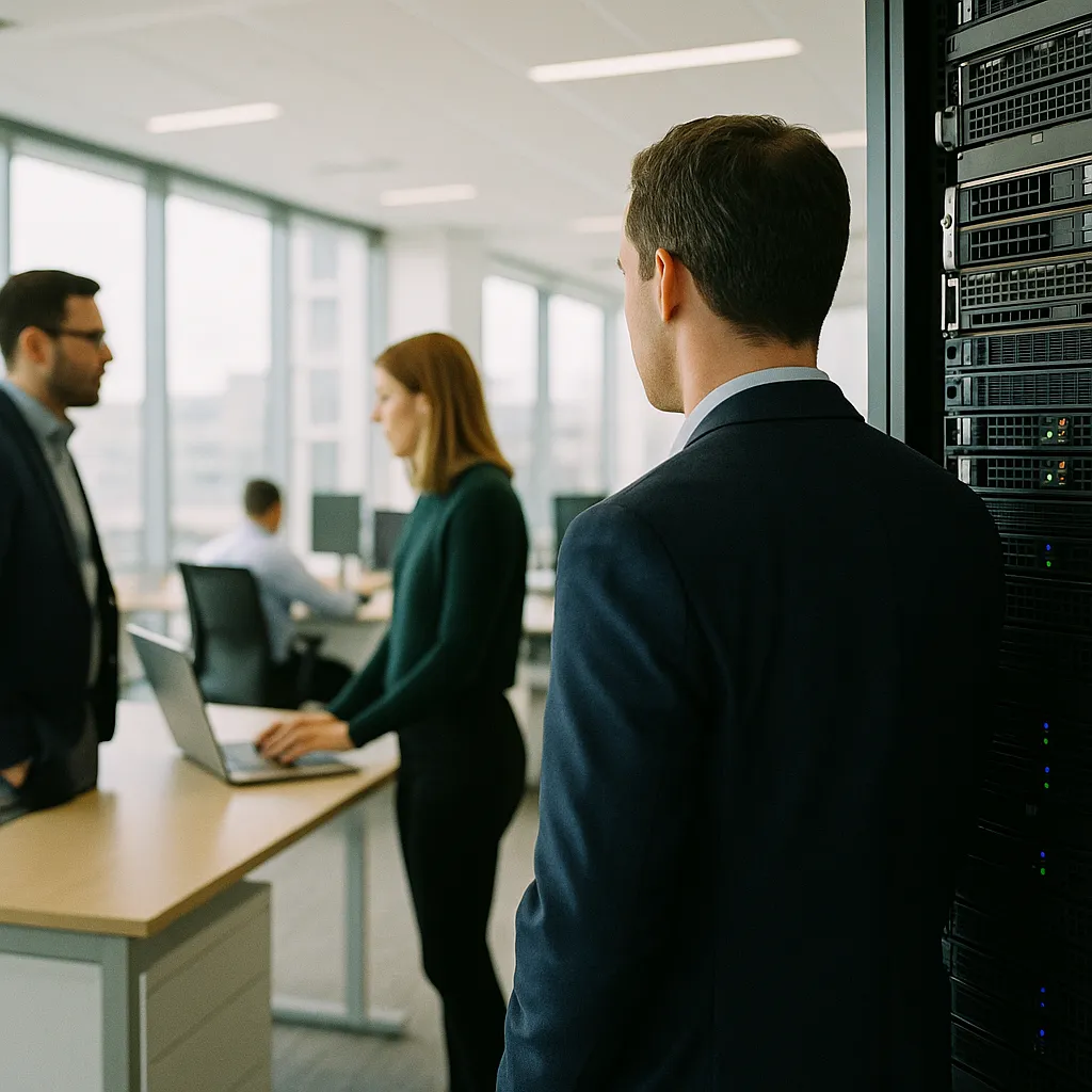 A modern corporate office featuring servers, related to a technology company Rebuilds a technology company on a majo