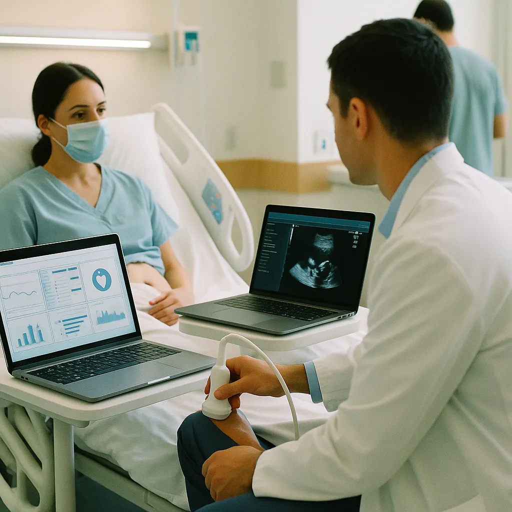 A hospital featuring patient, laptops, related to AI Healthcare Ecosystem at Computex 2026: Portable Ultrasoun