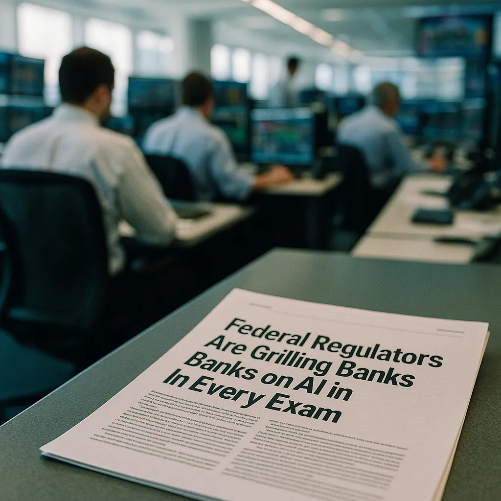 A financial trading floor featuring document, related to Federal Regulators Are Grilling Banks on AI in Every Exam —  from an unusual angle or perspective
