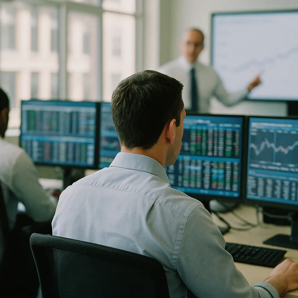A financial trading floor where a person is training related to Banks Have the Best AI Dataset in Finance. Most Are Wasting 