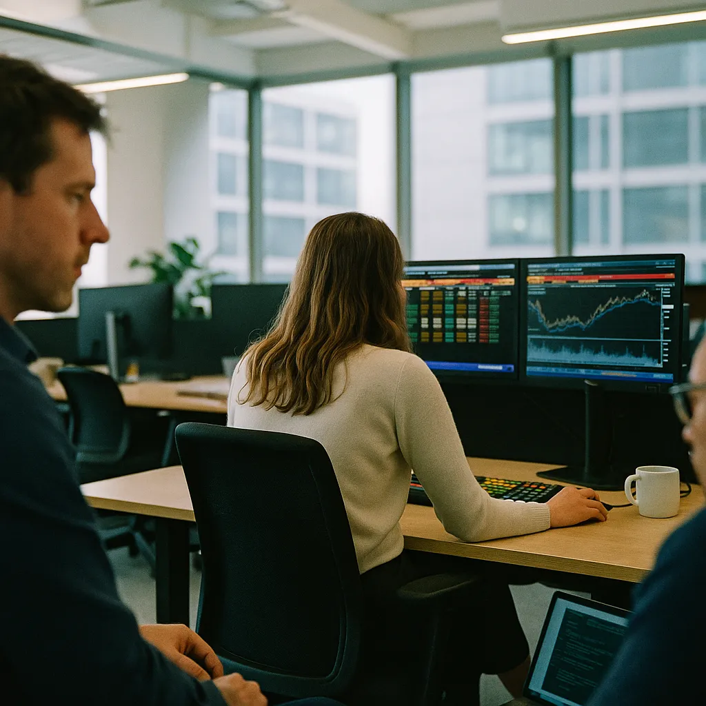 A modern workplace related to Bloomberg Economics: AI Is Being Wrongly Blamed for Britain' from an unusual angle or perspective