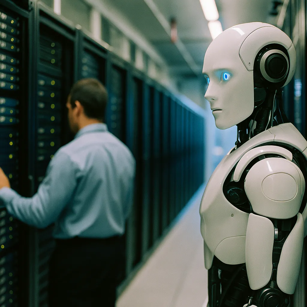 A data center featuring data center, robot, related to Daily AI Briefing — 2026-06-07 from an unusual angle or perspective