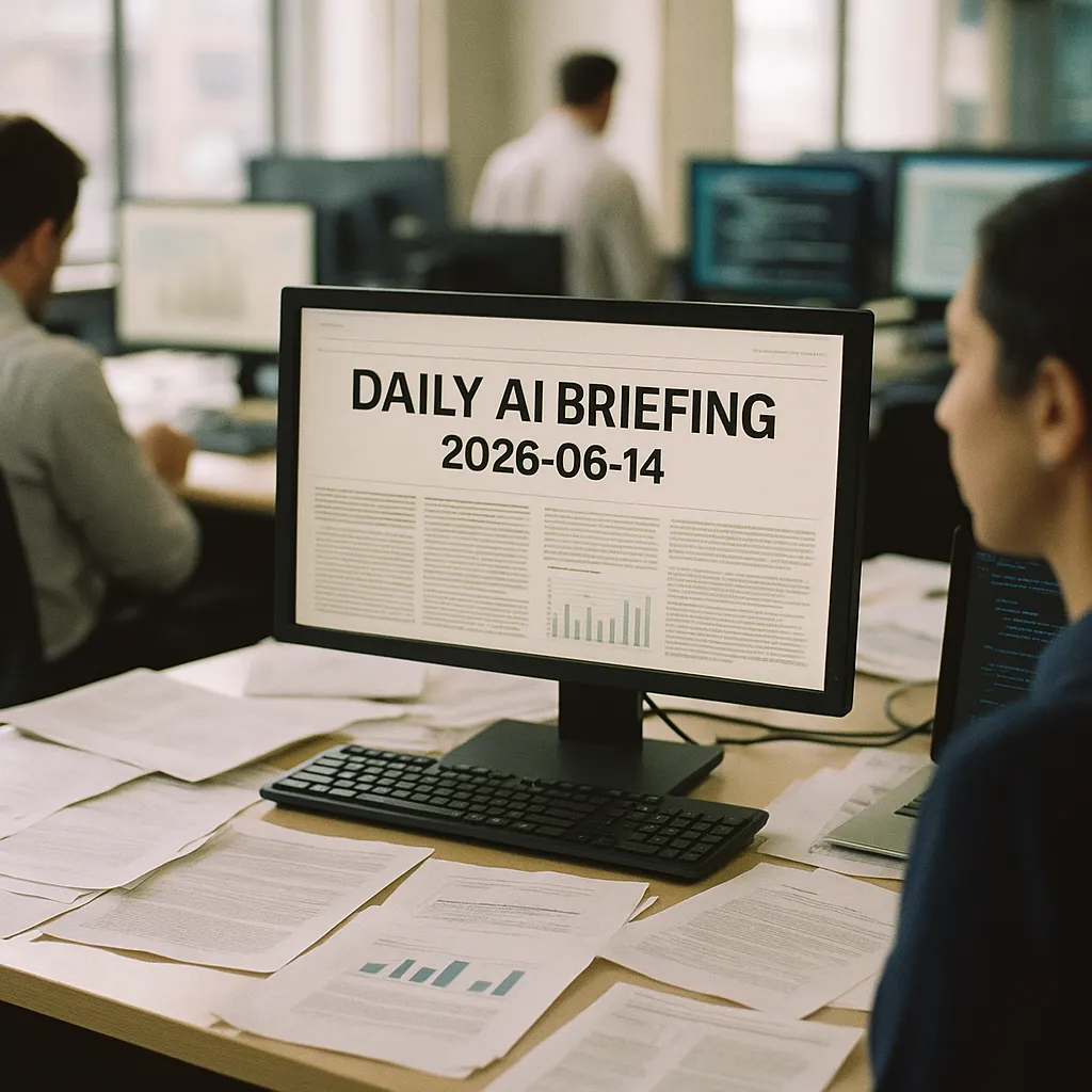 A newsroom featuring monitors, documents, related to Daily AI Briefing — 2026-06-14 from an unusual angle or perspective