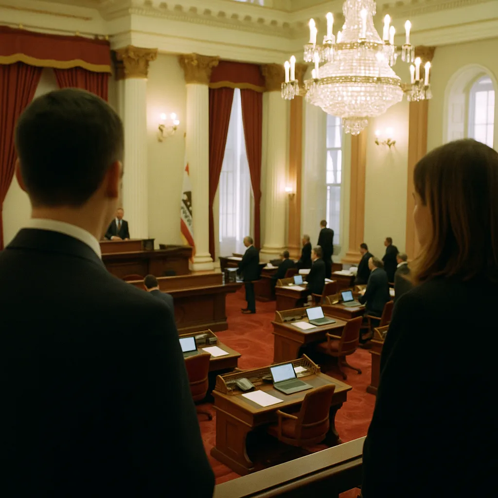 A government building interior related to California Senate Passes 39-0 Bill Banning AI Chatbots in Ch from an unusual angle or perspective