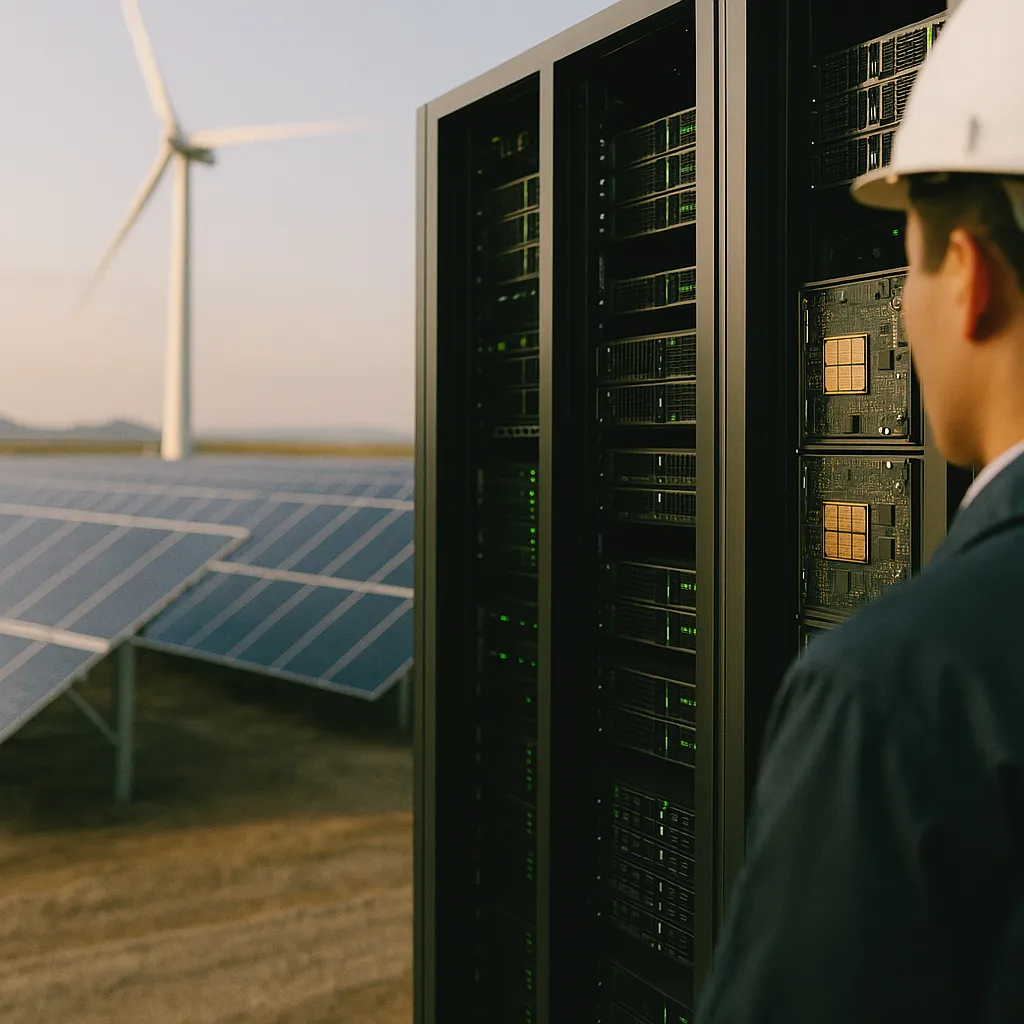 A data center featuring data centers, chips, related to China's Wind and Solar Expansion Could Give It a Decisive Ad from an unusual angle or perspective