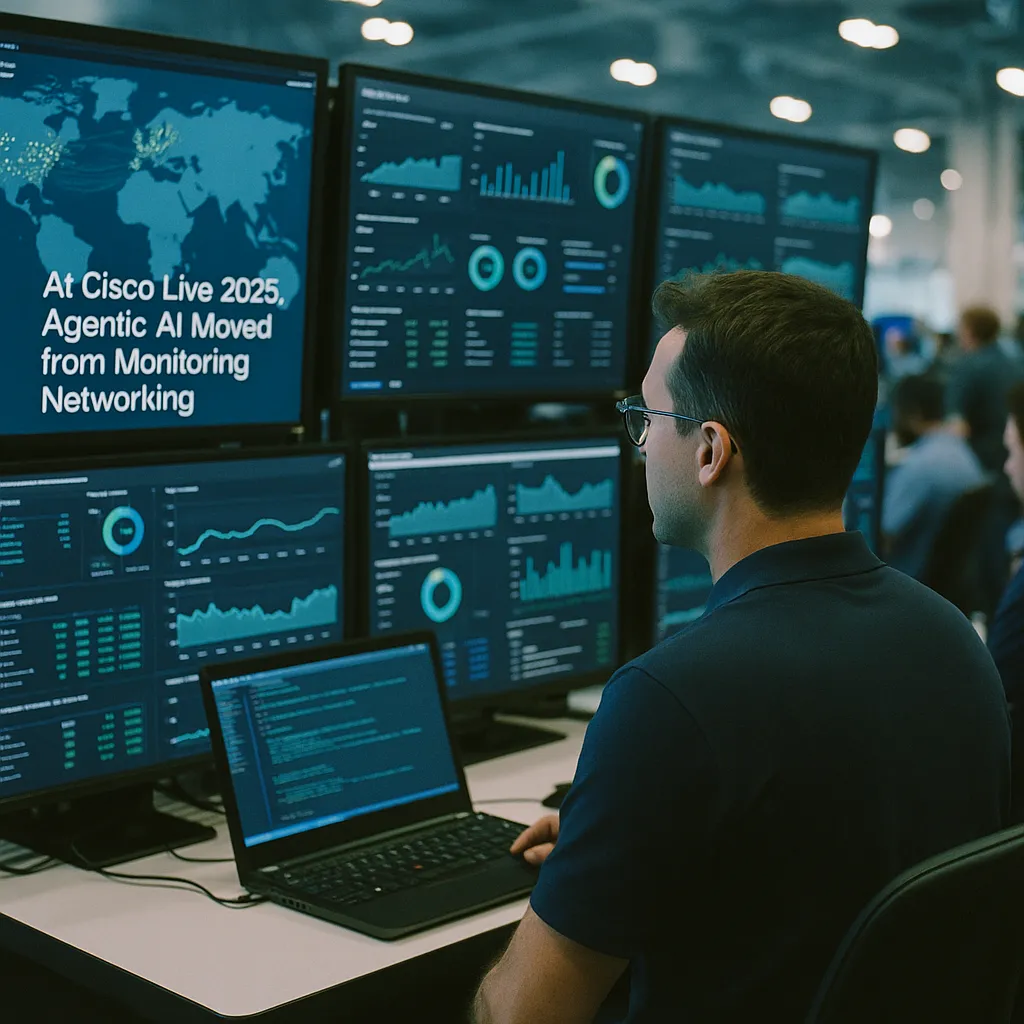 A network operations center where a person is Monitoring related to At Cisco Live 2026, Agentic AI Moved from Monitoring Network