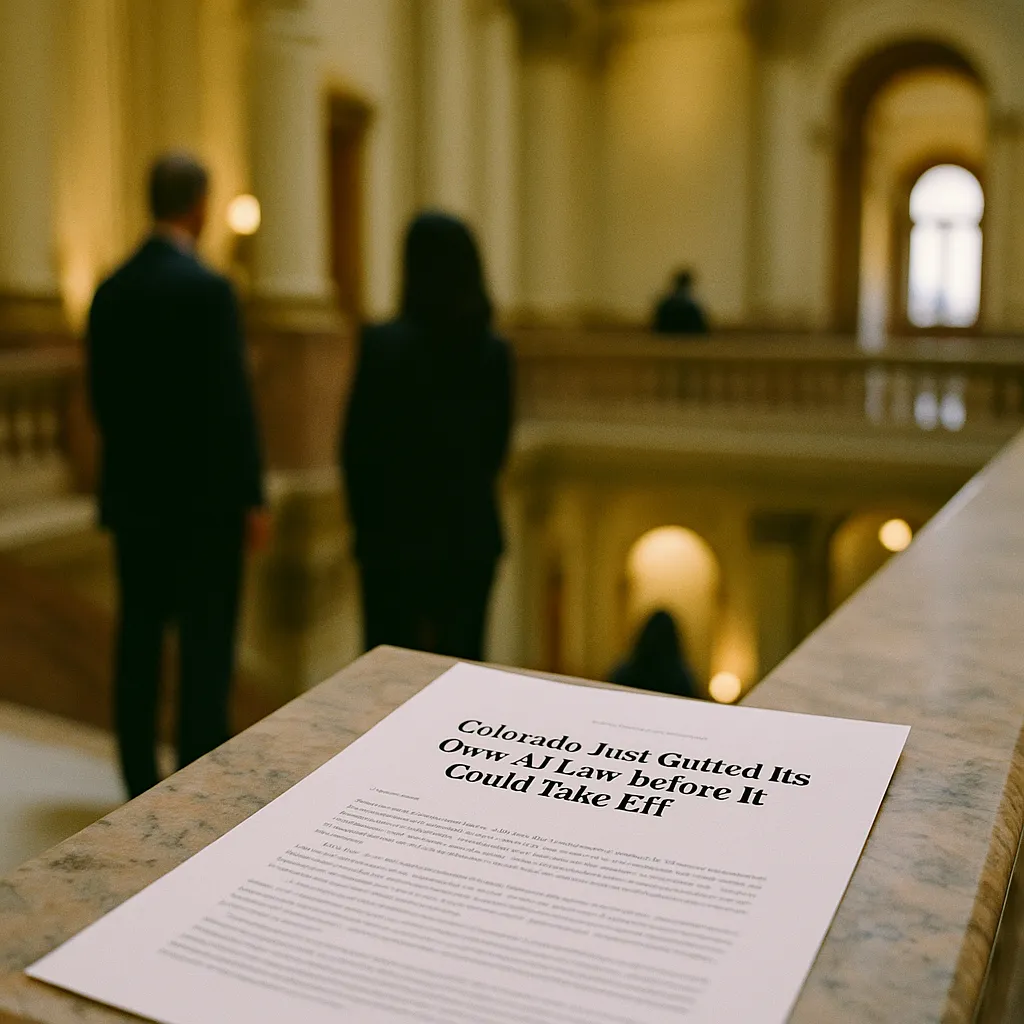 A government building interior featuring document, related to Colorado Just Gutted Its Own AI Law Before It Could Take Eff from an unusual angle or perspective