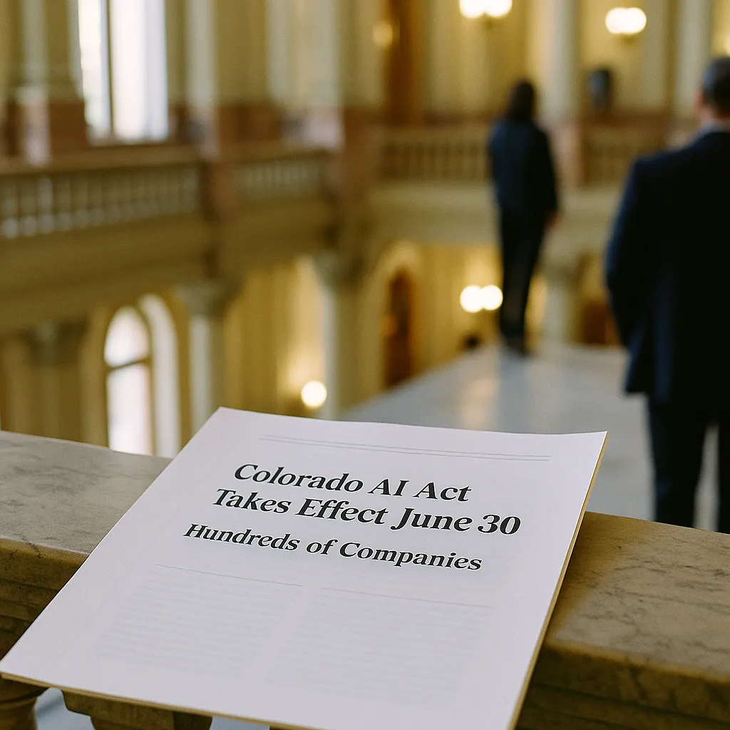 A government building interior featuring document, related to Colorado AI Act Takes Effect June 30 — Hundreds of Companies from an unusual angle or perspective