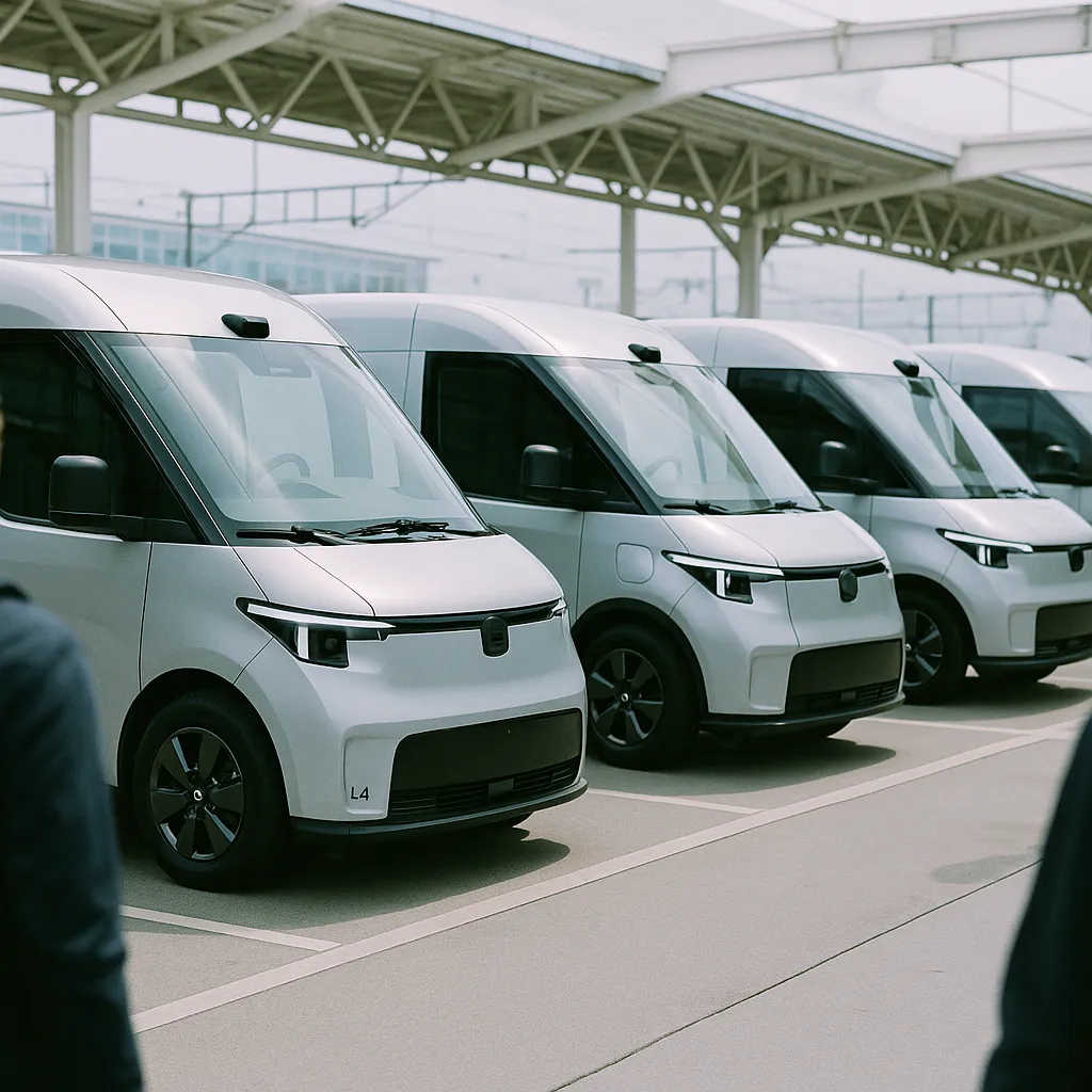 A transportation hub featuring vehicle, vehicles, related to OpenVAN: Four L4 Autonomous Cargo Van Models for Commercial  from an unusual angle or perspective