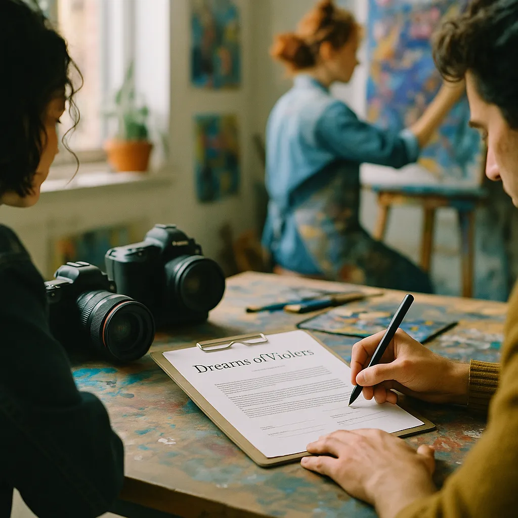 A creative studio featuring cameras, contract, related to 'Dreams of Violets' Becomes First Fully AI-Generated Feature