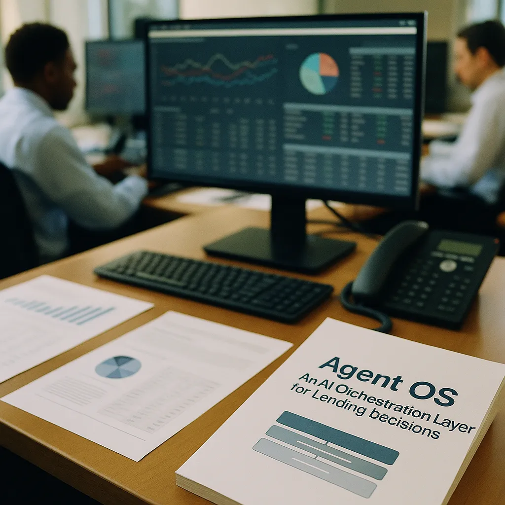 A financial trading floor featuring documents, screens, related to Agent OS — An AI Orchestration Layer for Lending Decisions a