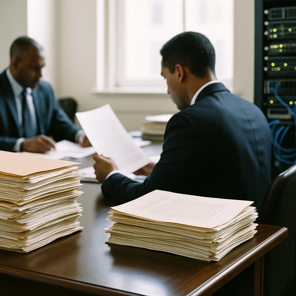 A law office featuring documents, servers, related to Federal Courts Split on AI in Litigation: Privilege, Work Pr