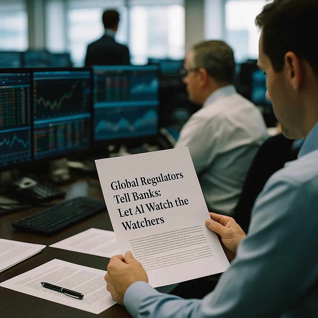 A financial trading floor featuring document, monitors, related to Global Regulators Tell Banks: Let AI Watch the Watchers