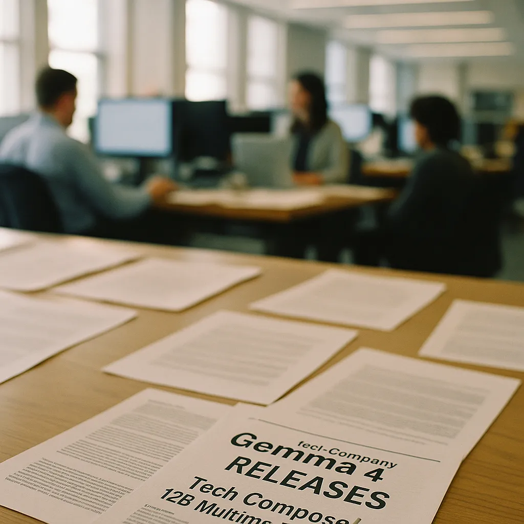 A newsroom featuring documents, contracts, related to a major tech company Releases Gemma 4 12B Open Multimodal Mo from an unusual angle or perspective