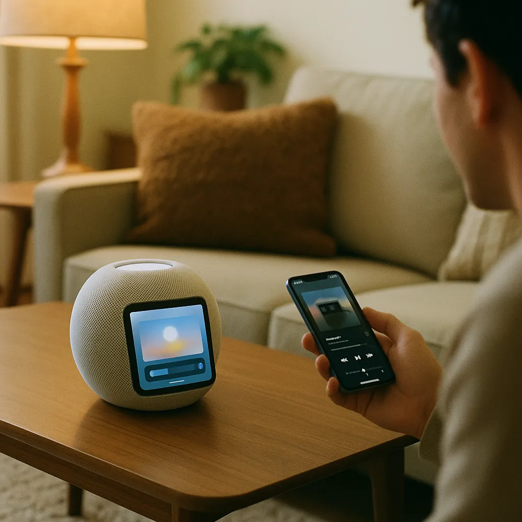 A living room featuring interface, phone, related to a major tech company's First New Smart Speaker in Six Years 