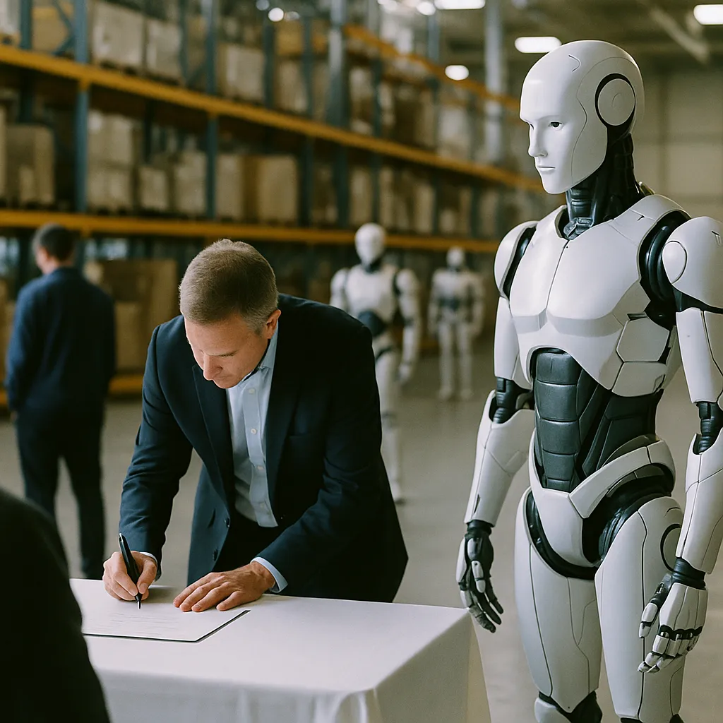 A warehouse featuring Contract, robots, related to Humanoid Robotics Firm Signs Binding Deal to Deploy 2,000 Wh