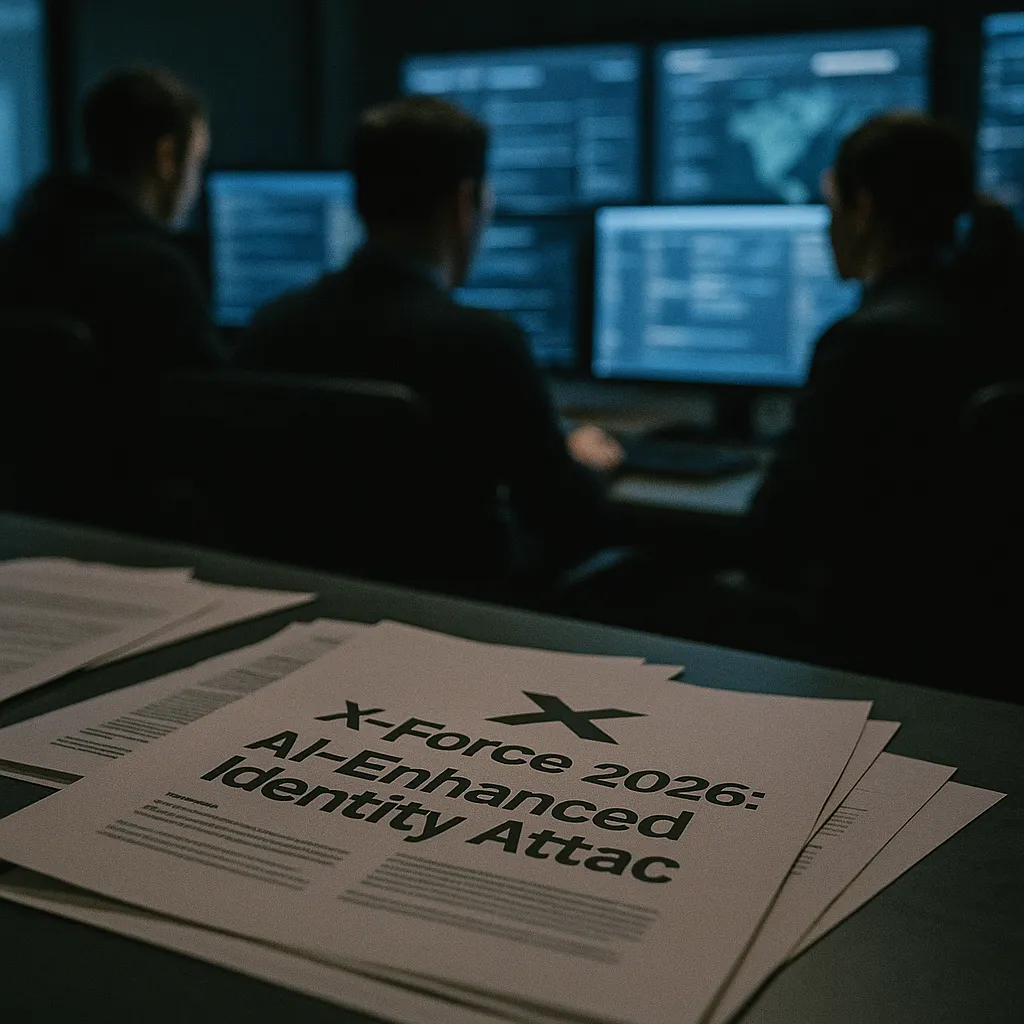A cybersecurity operations center featuring document, documents, related to a technology company X-Force 2026: AI-Enhanced Identity Atta
