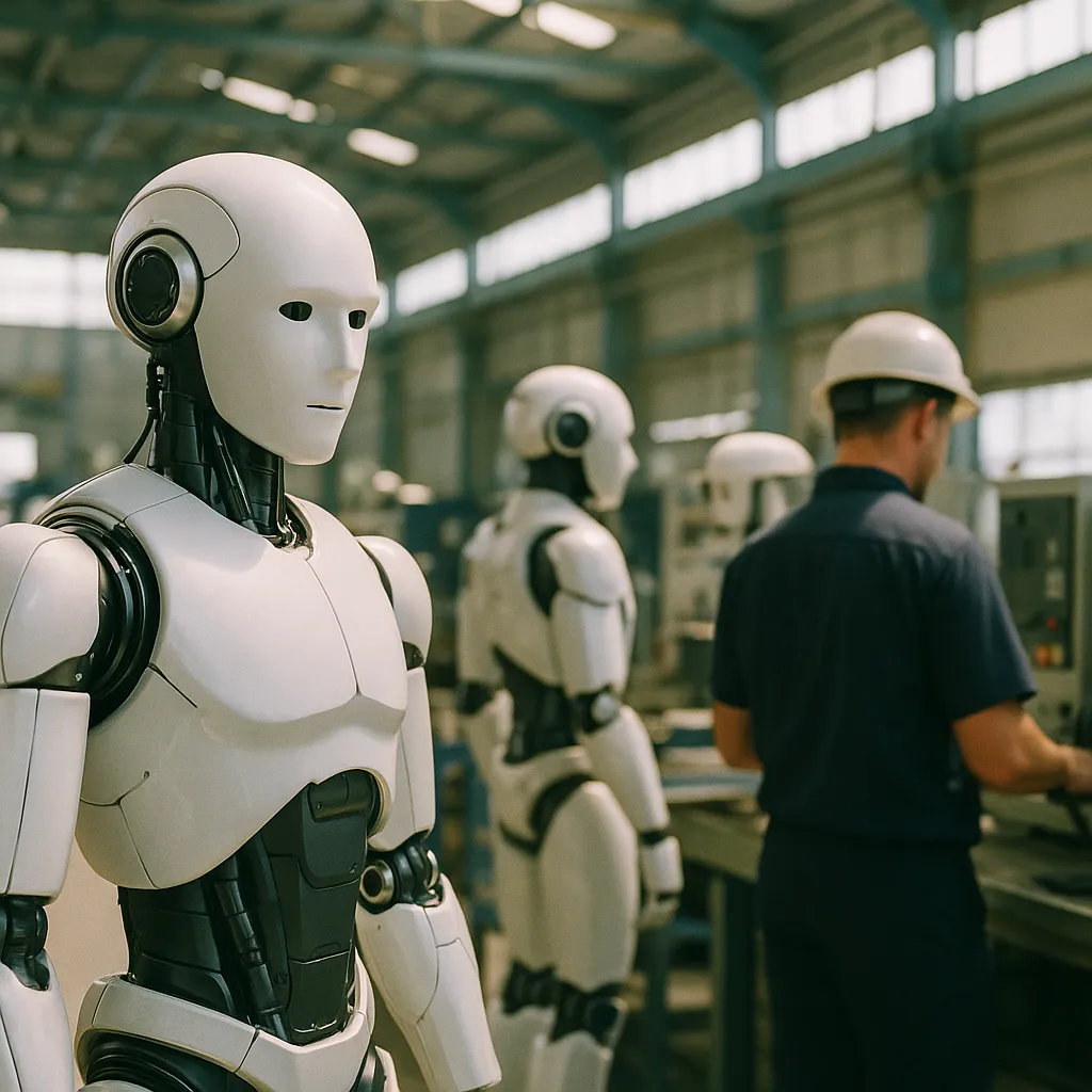 A factory floor featuring Robot, robots, related to Manufacturer AI Adoption Report: LLM Interest Doubles, Human