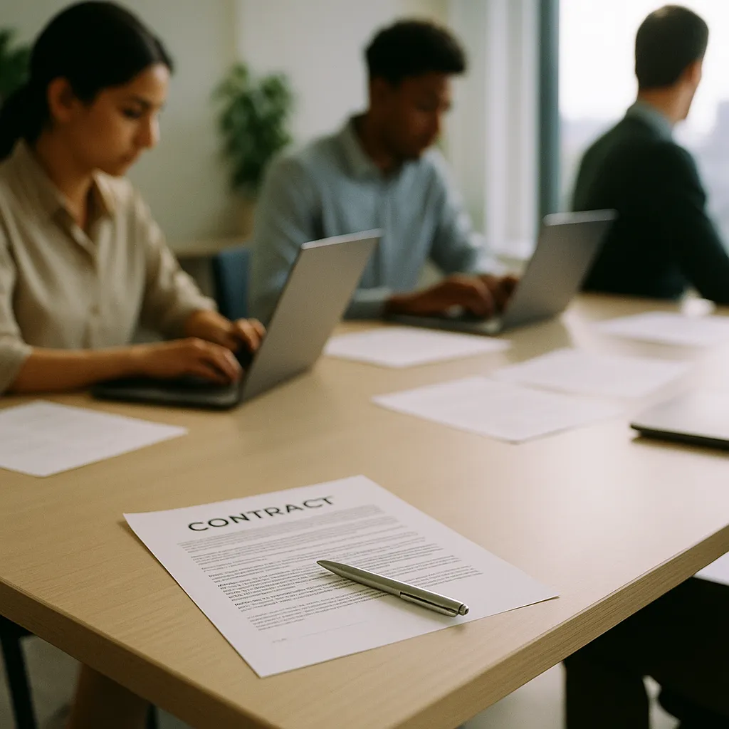 A modern workplace featuring contracts, related to Infosys Young Worker Share Hits 15-Year Low as AI Takes Entr