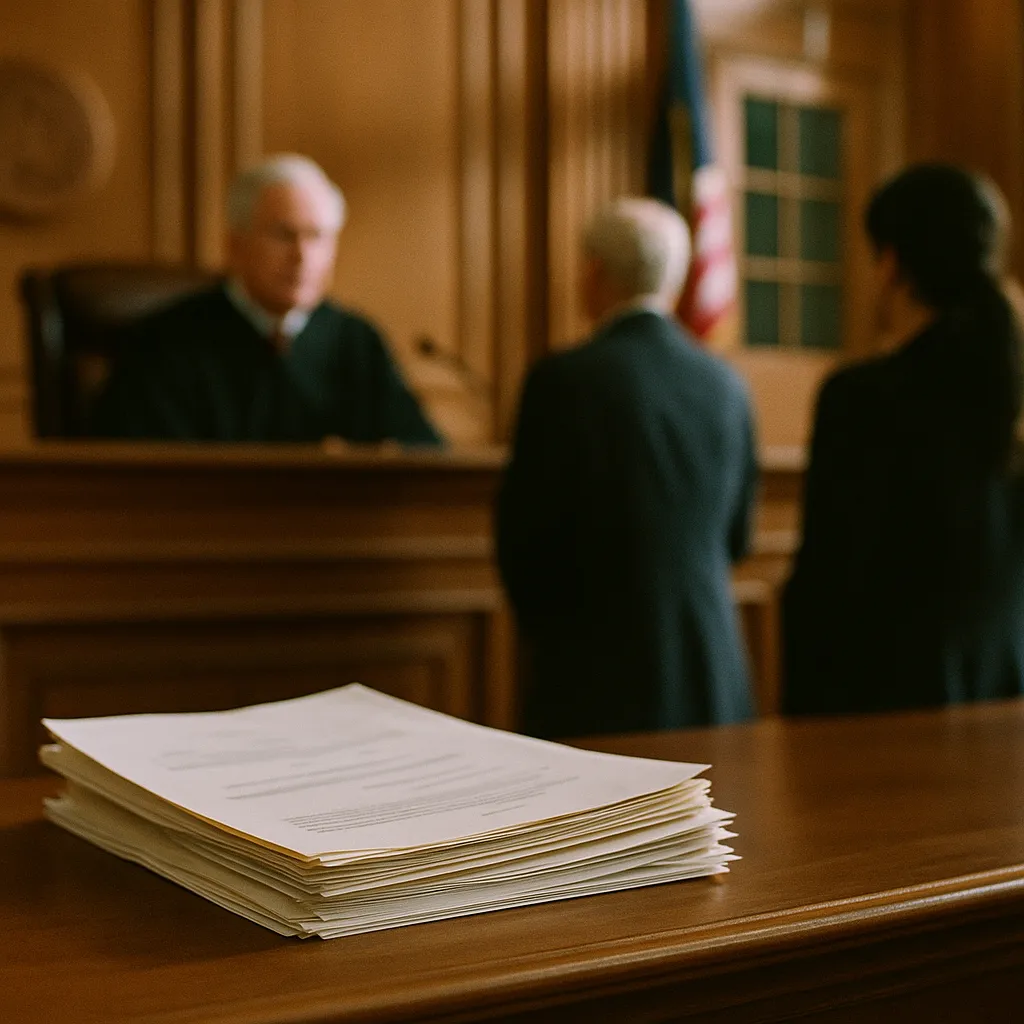 A courtroom featuring documents, related to Judge Cancels Entire Case After Lawyers on Both Sides Admit 