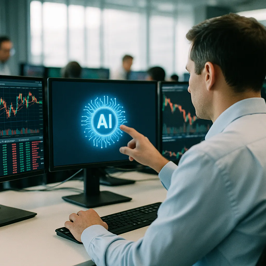 A financial trading floor where a person is Deploying related to Financial Firms Are Deploying AI Faster Than They Can Govern